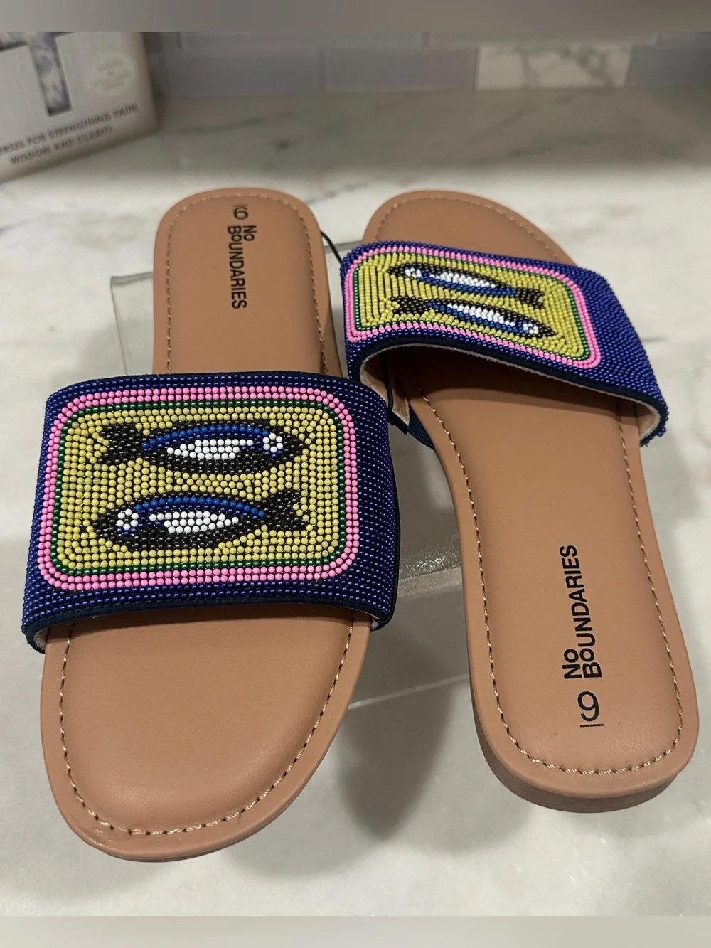 No Boundaries Navy Beaded Fish-Accent Slide Sandals size 9 NWOT
